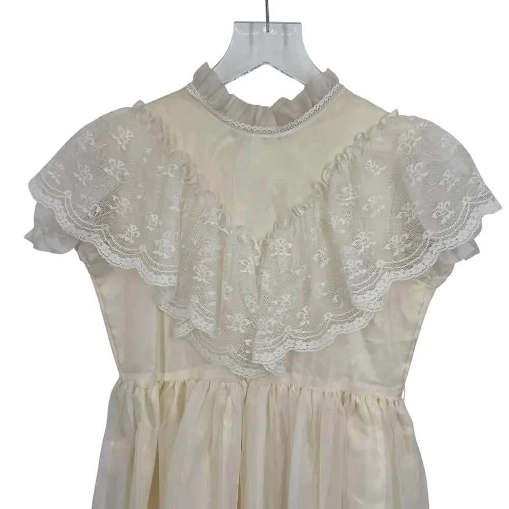 VTG Gold Bell dress girls 10 chiffon ruffle lace party pageant prairie cream USA